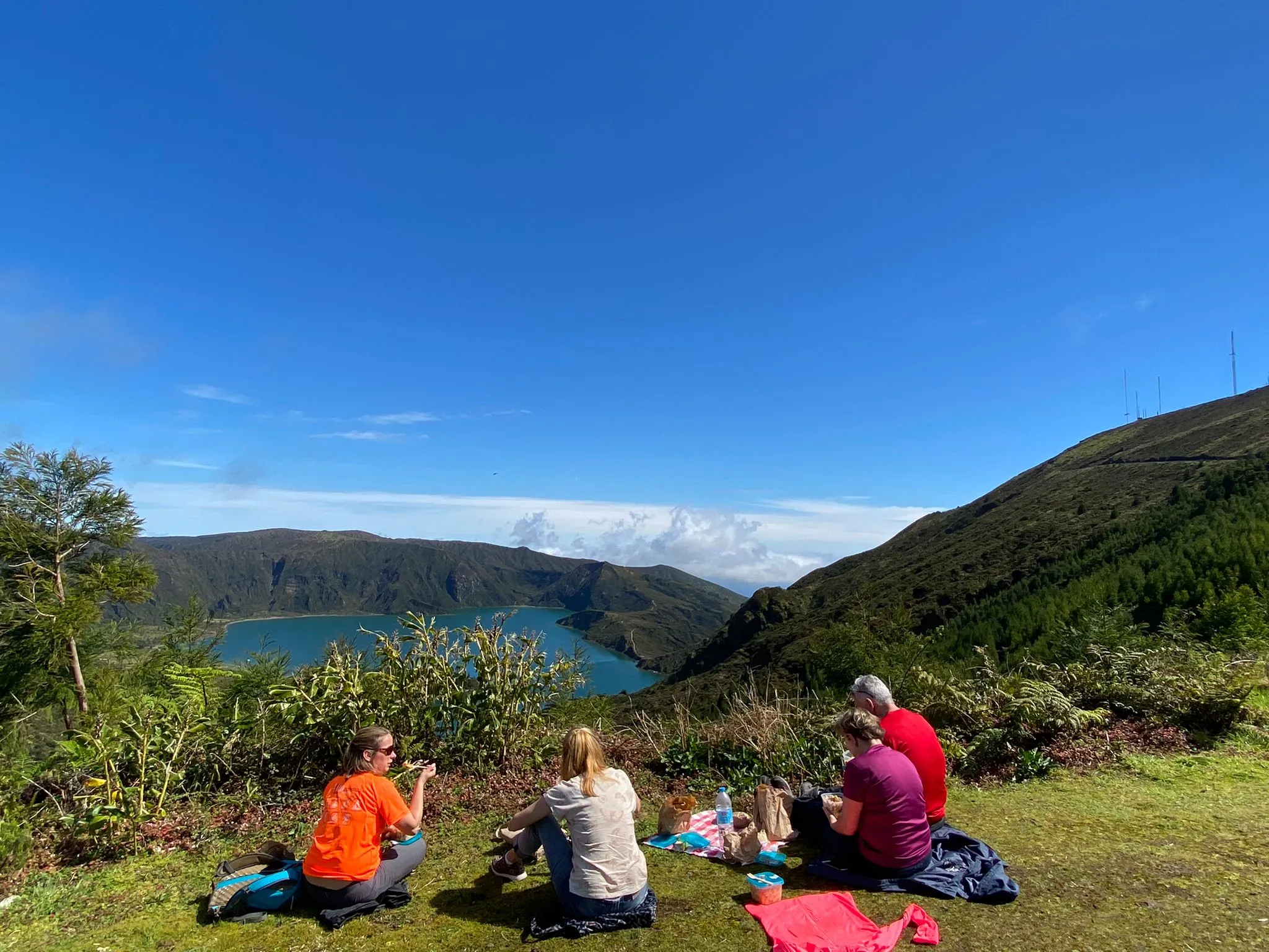 Gruppe von vier Personen sitzt auf einer Wiese mit Blick auf einen See und bewaldete Hügel unter blauem Himmel.
