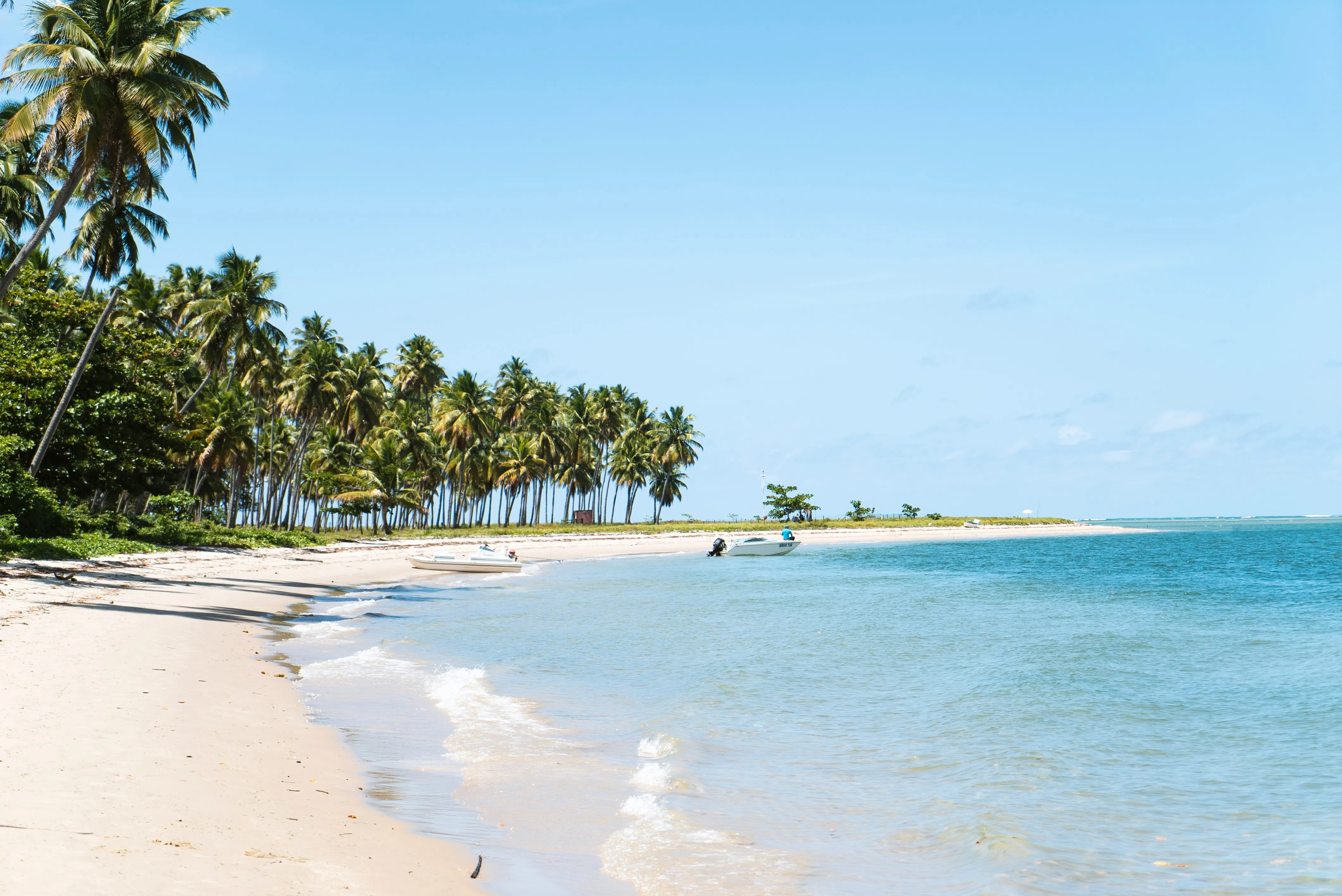 Strand mit weißem Sand und Palmen am Ufer, ruhiges Meer und blauer Himmel in Brasilien.