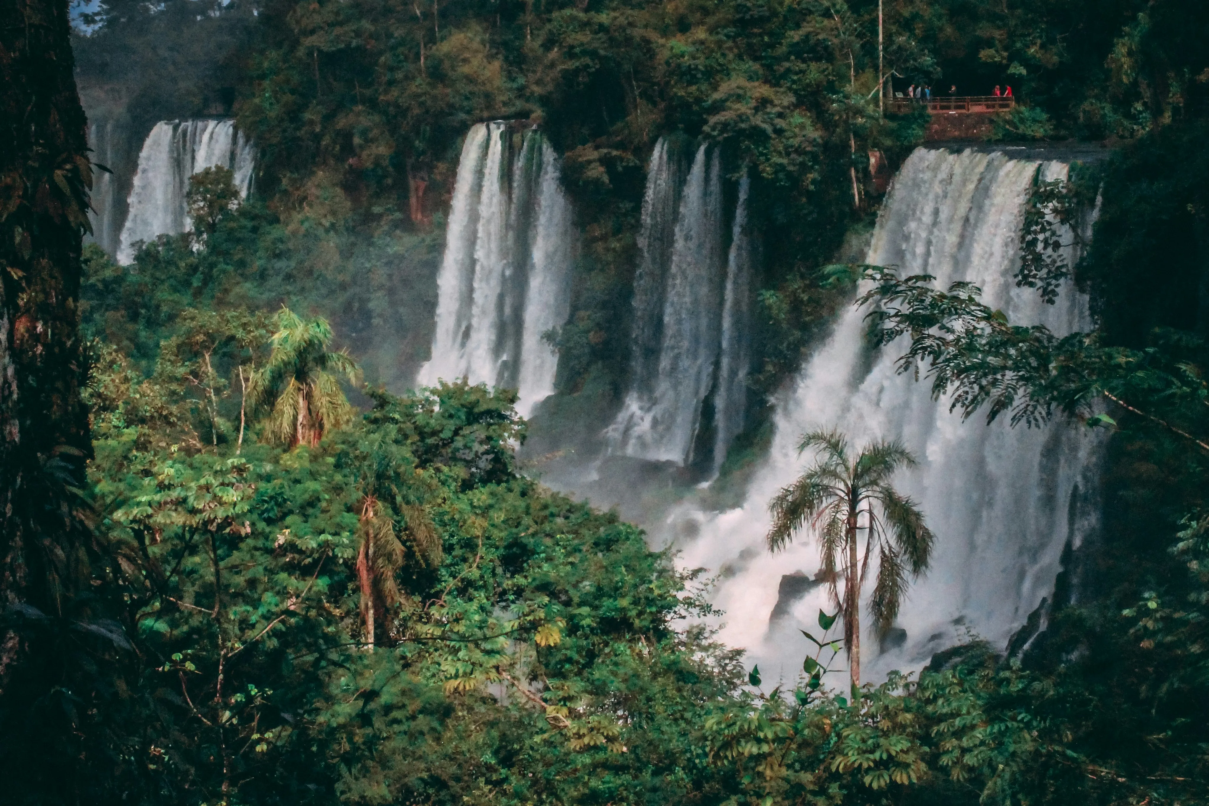 Mehrere breite Wasserfälle stürzen in einem dichten, grünen Regenwald in Brasilien herab.