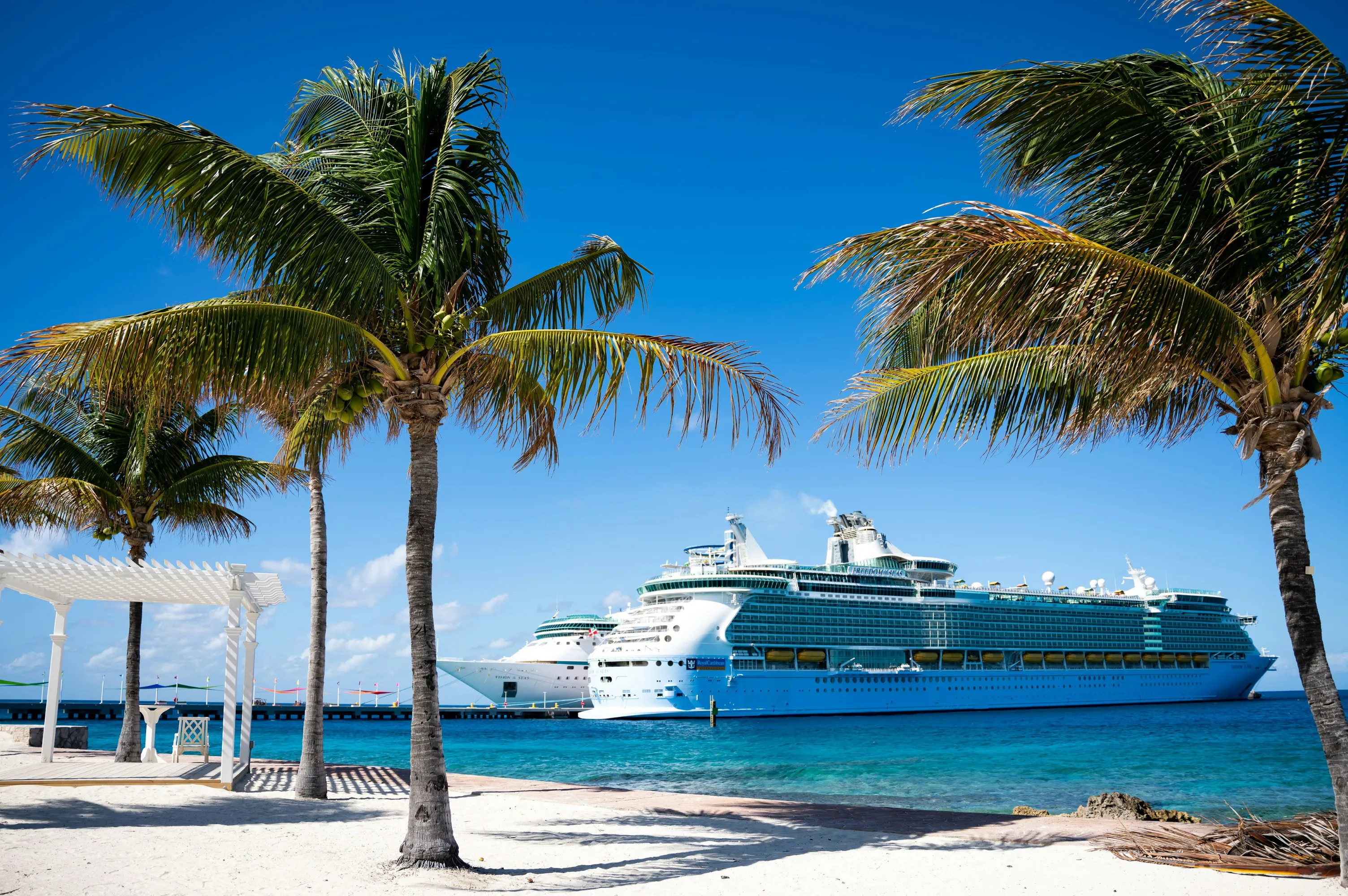 Zwei Palmen am Strand mit weißem Pavillon und großem Kreuzfahrtschiff auf blauem Meer im Hintergrund.