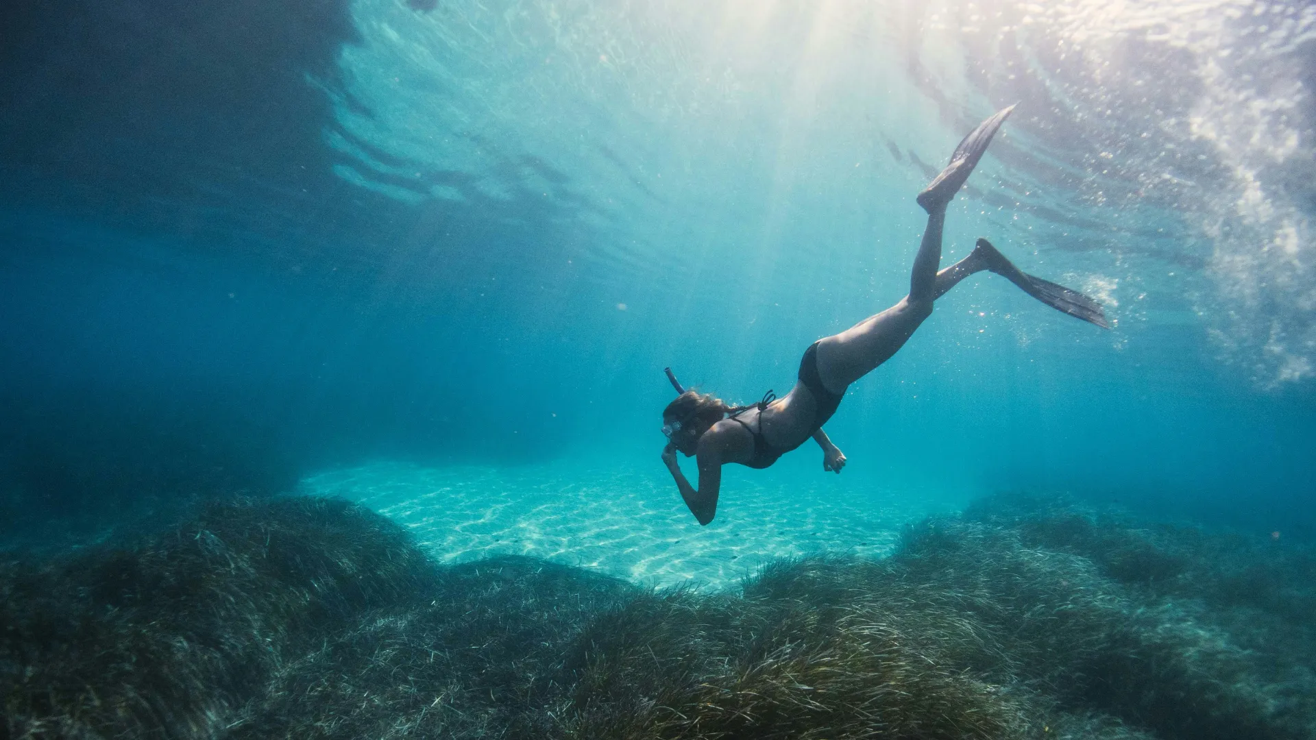 Eine Person mit Schnorchelausrüstung schwimmt unter Wasser über einem Seegrasfeld, Sonnenlicht fällt durch die Wasseroberfläche.